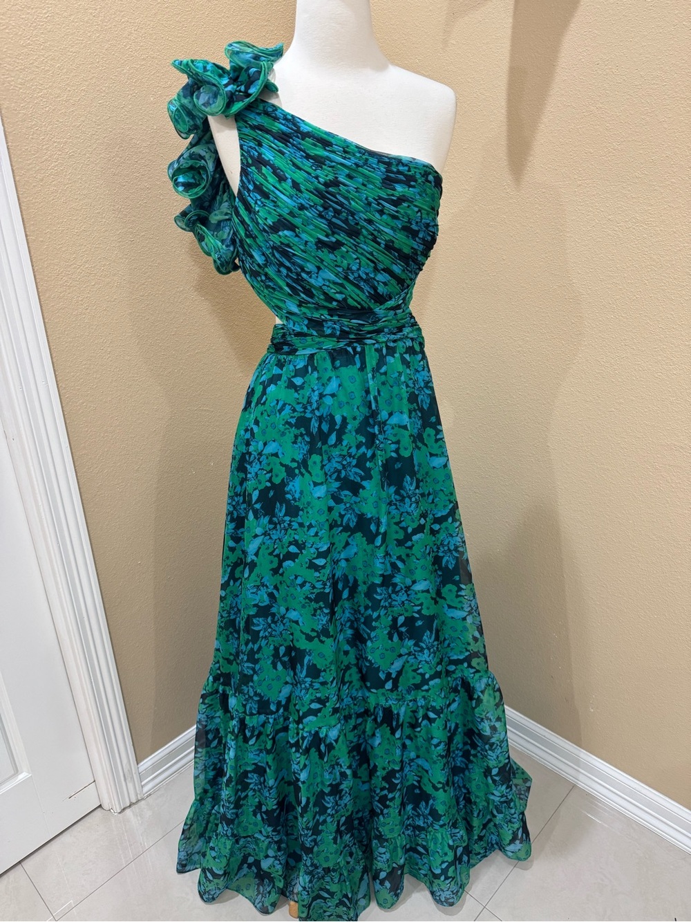 Mac Duggal One-Shoulder Green Floral Ruffle Maxi Dress